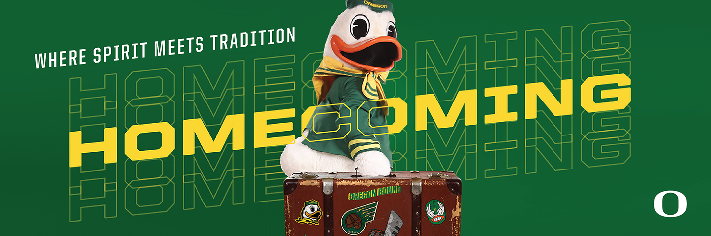 Green background with Oregon Duck with suitcase with words "Where spirit meets tradition."